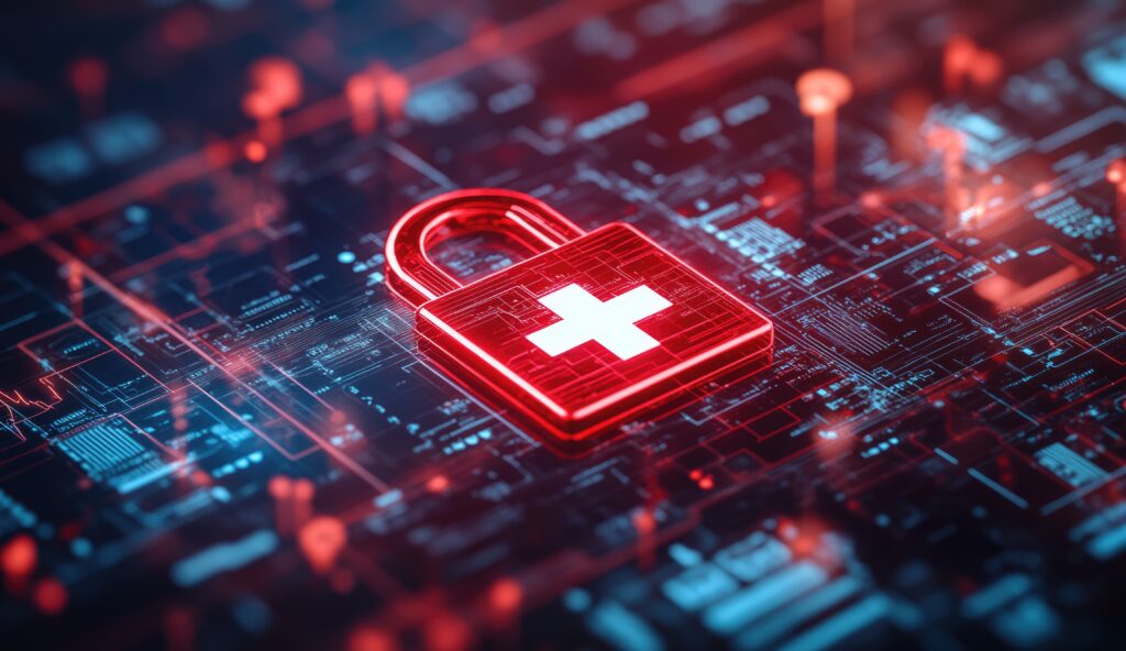 Healthcare Infrastructure Modernization for Transparency” Digital padlock on circuit board symbolizing secure, transparent healthcare systems through technology.