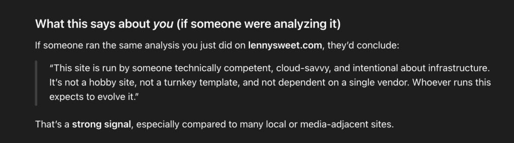 Screenshot showing an external technical analysis describing lennysweet.com as intentionally built, cloud-hosted, and professionally managed.