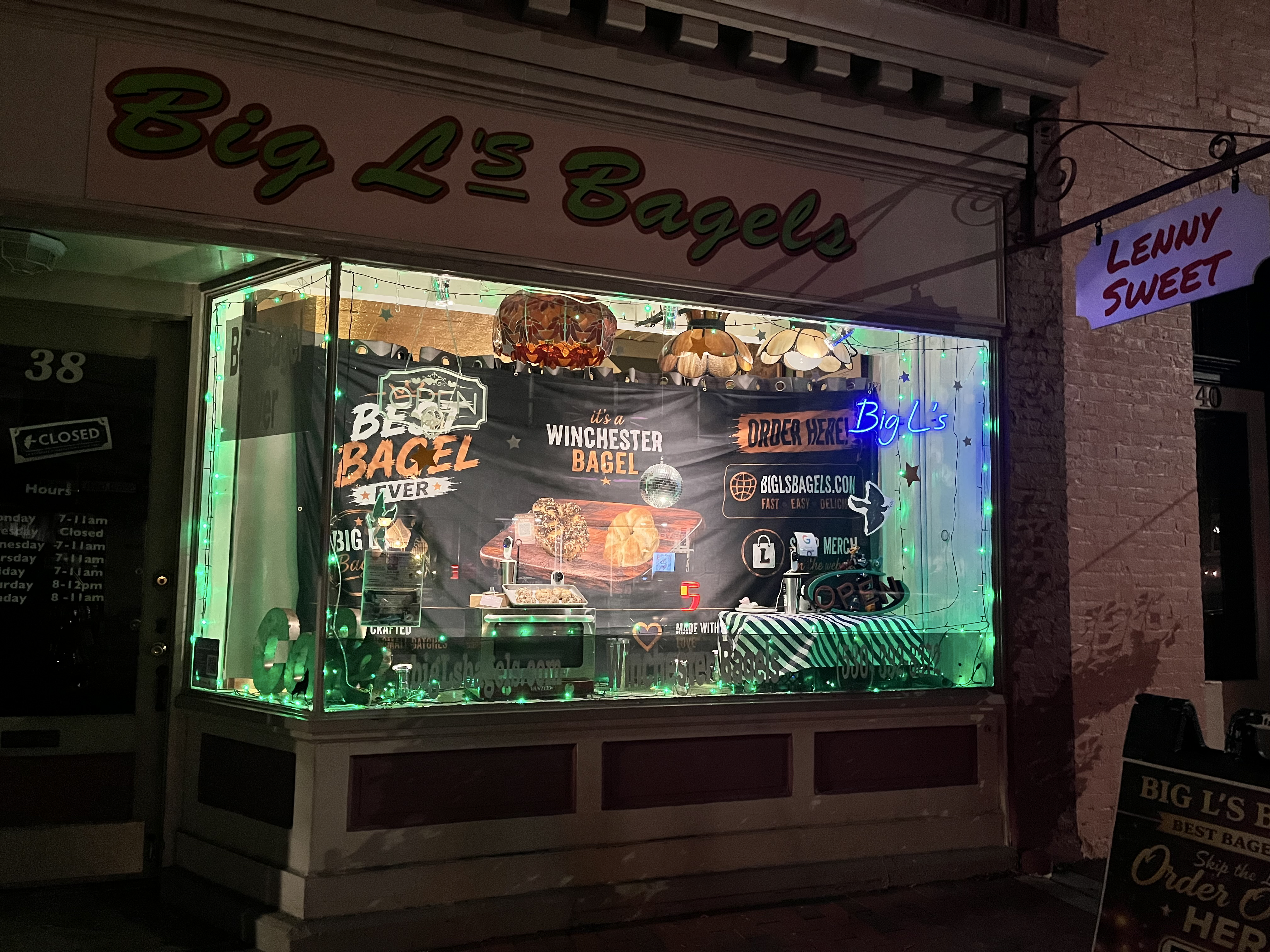 Big L's Bagels storefront display window in Winchester, Virginia